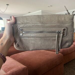 Chez Taupe Leather Clutch - snakeskin print